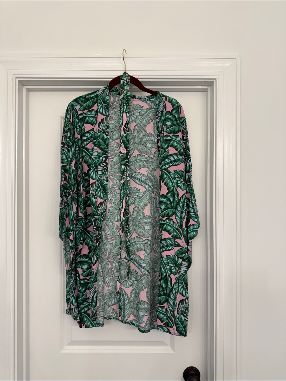 Kenny Flowers Tropical Leaf Pink & Green Kimono Cover-Up
